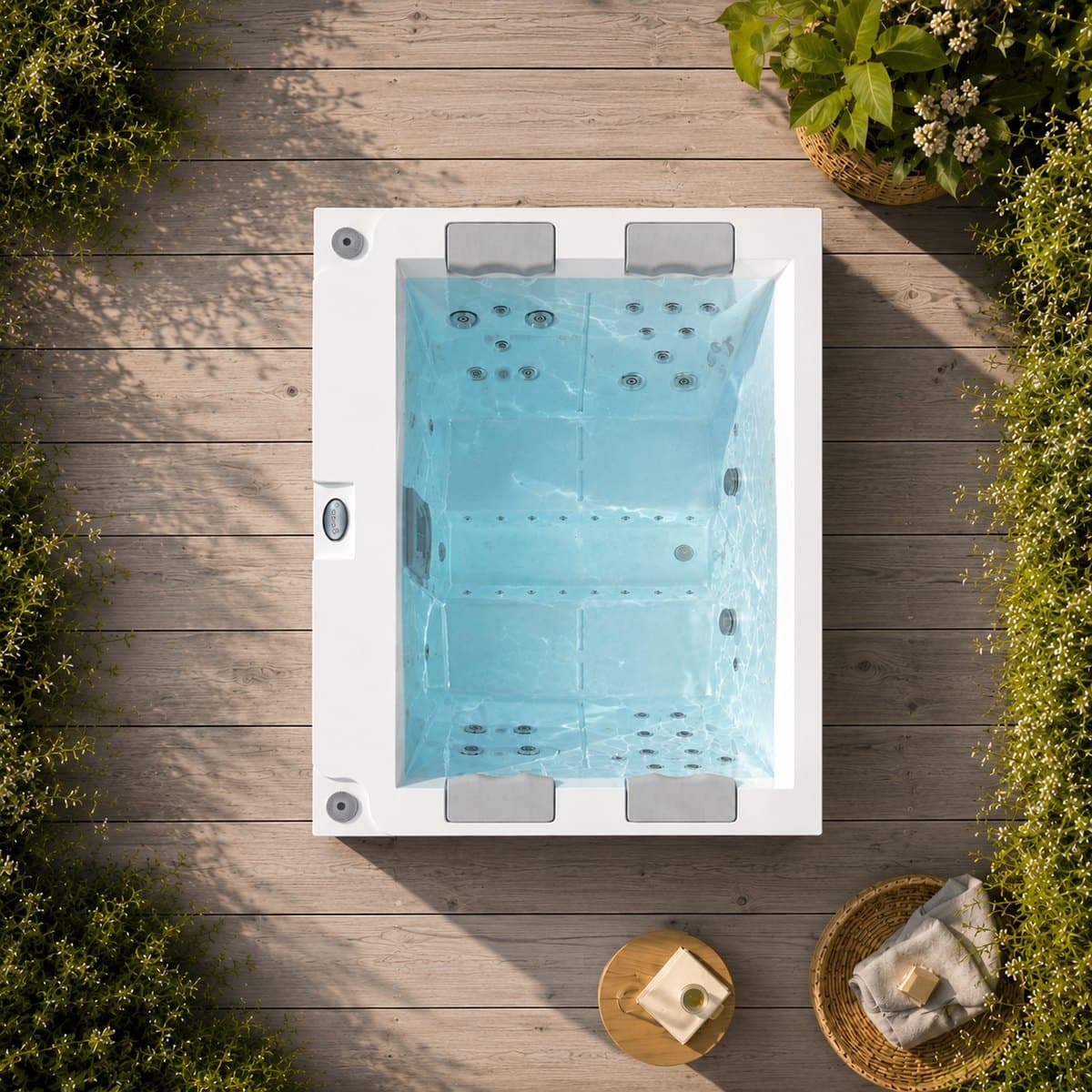 Spa Vassania 4 places de Quintessence Spas installé sur une terrasse en bois ensoleillée